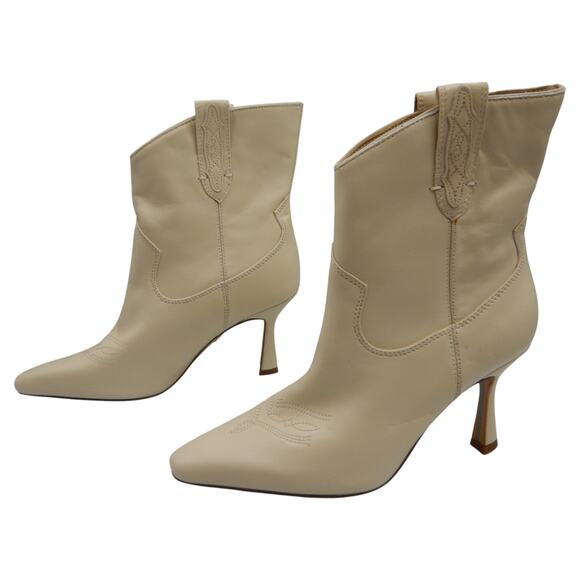 Sam Edelman Moe Leather Pointed Toe Heeled Western Boots Ankle Booties Ivory 7.5 - Picture 1 of 7